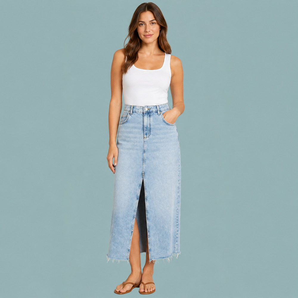 Pilcro Anthropologie Size 6 Madi Front Slit Frayed Cotton Jean Denim Maxi Skirt